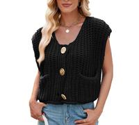 DeFeLa Womens Crochet Chunky Knit Top Sleeveless Button Down Crop Tops Trendy Cardigan Sweater Vest for Women(Black,Medium)