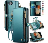 Defencase Compatible with iPhone SE 2020 2022 Case Wallet with RFID Blocking Card Holder for Women Men, PU Leather Magnetic Snap Flip Zipper Strap Wallet Phone Case Fit for iPhone SE/7/8, Blue Green