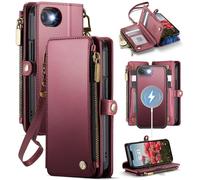 Defencase for iPhone 16E Magnetic Wallet Case Compatible with Magsafe with RFID Blocking Zipper Pocket & Card Holder for Women Men, PU Leather Strap Detachable Case for iPhone 16e 6.1 inch, Wine Red