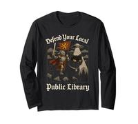 Defend Your Local Library Knight Crusader Cat UFO Artwork Long Sleeve T-Shirt