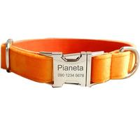 Defgeph Personalized Dog Collar - Soft Comfy Velvet Custom Dog Collars with Pet Information Engraved on The Metal Plate, Dog Leash and Bow Tie Available (Orange)