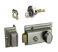 Defiant Satin Nickel Deadbolt Lock with Night Latch, Holdback Button Single Cylinder Rim and Two Keys - Heavy Duty Defender Security Door Lock Hardware