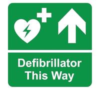 Defibrillator this way up arrow safety sign - Self adhesive sticker (200mm x 200mm)