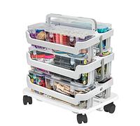 Deflecto 3 Tier Stack n go Multi Compartment Clear Plastic Storage box Caddy With Wheel Base Mobile Storage Caddy Stackable for Craft Supplies