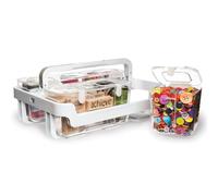 Deflecto Multi-Compartment Clear Plastic Storage Box Caddy with Lift-Out Boxes & Holder - Portable & Stackable Storage Organiser for Craft Supplies