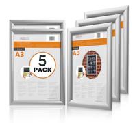 Deflecto Pk 5 x A3 Snap Frame Silver - Aluminium Clip Frames - Wall Mount Picture Frames - Posters Display Holder - Front Opening Picture Frame Clips