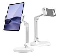 Deflecto Tall Arm Hinged Tilting & Rotating Metal Tablet Stand for 4-13 inch Devices - Sturdy White Clamp Mount for Desk & Table