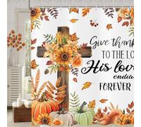 deFouliao Autumn Pumpkin Shower Curtain Fall Harvest Thanksgiving Wood Cross Leaves Sunflower Bathroom Curtain Sets for Farmhouse Bathtub Decor Waterproof with Hooks, 72x72 Inch