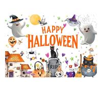deFouliao White Halloween Backdrop Cute Ghost Pumpkin Spider Bat Cat Skull Photography Background Banner for Halloween Them Party Decoration Photo Studio Props, 9x6ft