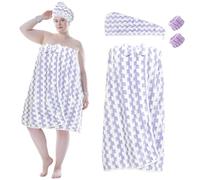Defresit Towel Wrap for Women Plus Size-Wearable Shower Towel Wrap with Hair Towel Wristbands Closure Elastic Top Soft Adjustable Microfiber Dress Towel Spa Wraps for Women's Bathrobe(Purple Stripe)