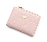 defway Small Card Wallet for Women - Slim Card Holder for Women, Small PU Wallet with 10 Card Slots & Coin Pocket, Compact Lychee Grain Purse, Heart Accent Gift, Pink, Casual
