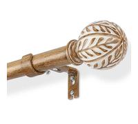 DEFYNEE Extendable Curtain Poles 76-219 cm | 25mm Metal Core with Wood Effect | Leaf Design Finials Curtain Rod for Windows & Doors, CoffeeBrown
