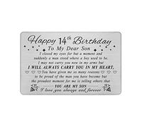 DEGASKEN Son 14th Birthday Card for Teen, 14 Year Old Boys Birthday Gifts for Son from Mum Dad, Metal Engraved Wallet Card