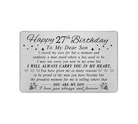 DEGASKEN Son 27th Birthday Card for Him, 27th Birthday Decorations Men, Gifts for 27 Year Old Man, Metal Engraved Wallet Card