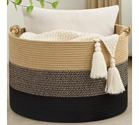 Degeyoyo Large Blanket Basket, 20"x13" Woven Storage Baskets With Handle, Cotton Rope Blanket Basket Living Room, Baby Laundry hamper for Blanket, Nursery, Toy, Pillow ( Brown & Black )