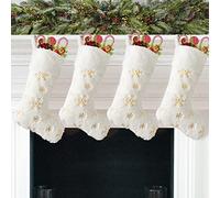 DegGod 4 Pack White Christmas Stockings with Faux Fur, Plush 22 inches Xmas Stocking with Gold Embroidered Snowflake Hanging Ornaments for Home Xmas Party Decoration