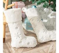 Deggodech 2Pcs Traditional Christmas Stockings White Faux Fur Large 22inch Hanging Xmas Stockings Personalised with Silver Snowflake for Christmas Fireplace Decorations Socks (Silver, 56CM)