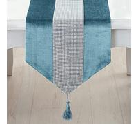 Deggodech Blue Table Runner with Tassel 32 x 210 cm Long Modern Glitter Table Runner Silver Diamond Table Runner for Kitchen Table, Coffee Table, Dresser, Wine Cabinet Decoration (210 cm, Blue)