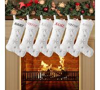 Deggodech Personalised Faux Fur Christmas Stockings Set of 5 Large 22 inches White Plush Custom Embroidered Christmas Stockings with Name for Xmas Holiday Family Fireplace Decorations