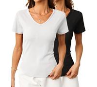 Degkim Summer V Neck T Shirts for Women Going Out Tops Casual Short Sleeve Ribbed Trendy Tops 2 Pack, Black/White, L