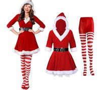 DéGuisement MèRe NoëL Femme 9 PièCes, Casual Skirt + Belt + Tights Robe De NoëL Femme En Velours Rouge,Cape, Ceinture Et Bonnet, DéGuisement PèRe Adulte, Costume De Luxe Mme Claus Rouge Lutin