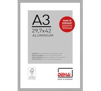DEHA Design Boston A3 Picture Frame - Frosted Silver Aluminium A3 Photo Frame (29.7x42 cm) - with Synthetic Glass and Push/Turn Clips For Prints & Artwork - Modern Home Décor