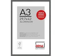 DEHA Design Boston A3 Picture Frame - Grey Aluminium A3 Photo Frame (29.7x42 cm) - with Synthetic Glass and Push/Turn Clips For Prints & Artwork - Modern Home Décor