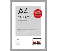 DEHA Design Boston A4 Picture Frame - Silver Aluminium A4 Photo Frame (21x29.7 cm) - Frosted Silver - with Synthetic Glass and Push/Turn Clips for Prints & Artwork - Modern Home Décor