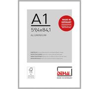 DEHA Design Boston Aluminium A1 Frame Frosted Silver (59.4x84.1cm) for A1 Poster - with Protective Synthetic Glass and Push/Turn Clips - A1 Picture Frame For Prints & Artwork - Modern Home Décor