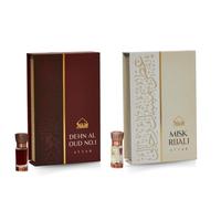 Dehn Al Oud Attar & Misk Rijali Attar by Dukhni | 6ml Smokey Oudh Perfume Oil & 6ml Soft Silky White Musk | Arabian perfume oil for men and women, 100% Pure, arabic fragrances, Islamic & Eid gifts