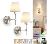 Dehobo Battery Operated Wall Lights Set of 2, Rechargeable LED Wall Sconces with Fabric Shade, Dimmable Wireless Lamp with Remote Sand Nickel, 3CCT 12 RGB, Modern Indoor Decor for Bedroom Living Room