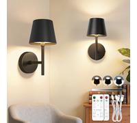 Dehobo Battery Operated Wall Lights Set of 2, Rechargeable Wall Lights Dimmable 3 Colors with Remote, 5200mAh Metal LED Wireless Wall Lamps for Bedroom, Study, Hallway, Staircase, Night Light, Black