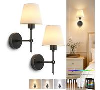 Dehobo Battery-Operated Wall Lights with Fabric Shade, Rechargeable LED Wall Sconces Set of 2, Dimmable Wireless Lamp with 3 Color Temperature, 12 RGB and Remote for Bedroom Living Room Fireplace