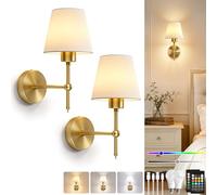 Dehobo Battery-Operated Wall Lights with Fabric Shade, Rechargeable LED Wall Sconces Set of 2, Dimmable Wireless Lamp with 3 Color Temperature, 12 RGB and Remote for Bedroom Living Room Hallway