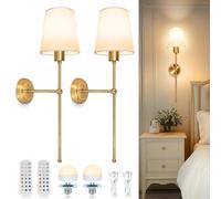 Dehobo Battery-Operated Wall Sconces with Fabric Shade, Rechargeable LED Wall Lights Set of 2, Dimmable Wireless Lamp with 3 Color Temperature, 12 RGB and Remote for Bedroom Living Room Hallway