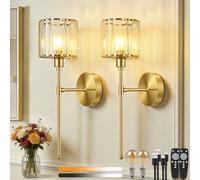 Dehobo Crystal Rechargeable Wall Lights Indoor Gold Wall Lights 2 Pack 45CM | Battery Operated Wall Lights 3 Color Temperature Dimmable, Gold Wall Light for Living Room, Battery Wall Lights with Remote