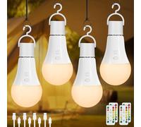 Dehobo Rechargeable Light Bulb with Remote Control - 7W E27 Bulb Dimmable 3 Color Temperatures - Charging E27 LED Bulb with Key Switch Timer - for Non-Hardwired Camping Hiking Lamps, 4 Packs