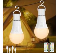 Dehobo Rechargeable Light Bulb with Remote Control - 7W E27 Bulb Dimmable 3 Color Temperatures - Charging E27 LED Bulb with Key Switch Timer - for Non-Hardwired Camping Hiking Lamps, 2 Packs