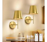 Dehobo Rechargeable Wall Lights Gold Set of 2, Battery Operated Wall Lights Dimmable 3 Colors with Remote, 5200mAh Metal LED Wireless Wall Lamps for Bedroom, Dining, Hallway, Staircase, Night Light