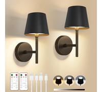 Dehobo Rechargeable Wall Lights Set of 2, Battery Operated Wall Lights Dimmable 3 Colors with Remote, 5200mAh Metal LED Wireless Wall Lamps for Bedroom, Dining, Hallway, Staircase, Night Light, Black