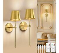 Dehobo Rechargeable Wall Lights Set Of 2, Gold Battery Operated Dimmable 3 Colors With Remote, 5200 Mah Metal Led Wireless Lamps