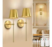 Dehobo Rechargeable Wall Lights Set of 2, Gold Battery Operated Wall Lights Dimmable 3 Colors with Remote, 5200mAh Metal LED Wireless Wall Lamps for Living Room, Bedroom, Dining, Hallway, Paintings