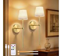 Dehobo Rechargeable Wall Lights Set of 2 with Fabric Shade, Battery Operated Wall Sconces with 3 Color Temperature, Dimmable Wireless Wall Lamps Indoor with Remote 5200mAh for Bedroom, Hallway