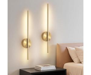 Dehobo Rechargeable Wall Sconce Lights, Battery Operated Wall Lights 3 Color Temperature, Gold Wall Lights Dimmable Wireless with Remote Control Golden 60CM for Living Room Bedroom Hallway, 2 Pack
