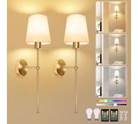 Dehobo Rechargeable Wall Sconces Set of 2, Battery-Operated Wall Lights Indoor, Dimmable Wireless Lamp with 3 Color TEM, 12 RGB Charging Bulbs and Remote, Gold for Bedroom Living Room Hallway