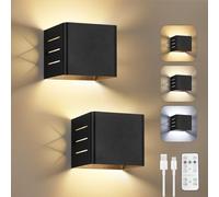 Dehobo Wall Light LED Indoor, Matt Black Wall Lamp Battery USB Rechargeable 1.5W 3000K 4000K 6000K Dimmable, Modern Hollow Indoor Wall Lighting for Living Room Bedroom Stairs Home - Pack of 2