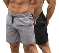 DEHORU Mens 2 Pack Gym Athletic Running Workout Shorts 7" Drawstring Elastic Waist Quick Dry Shorts with Zipper Pockets Casual(LGBK S)