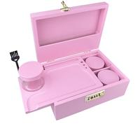 DEHVEN Large Bamboo Stash Box, Decorative Box, Brush, 3 Jar, Storage Box, Box with Lock (Pink)