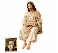 Dei tkeyts Jesus Resin Desk Companion Figurine, Hand-Painted Sitting Jesus Statue with I Am with You Always Sign, 9.5cm/3.74in Religious Jesus Gift for Home Office Car Dashboard Decor