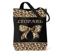 Dei tkeyts Leopard Print Tote Bag, Bow Leopard Print Bag, Protable Canvas Tote Bags for Women, Large Capacity Shoulder Bags, Black Shopping Bag for Travel, Work, Gym, Daily Use